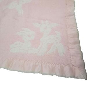 Vtg Baby Deer Satin Trim Blanket David Fussenegger Pink Fleece Lovey Reversible